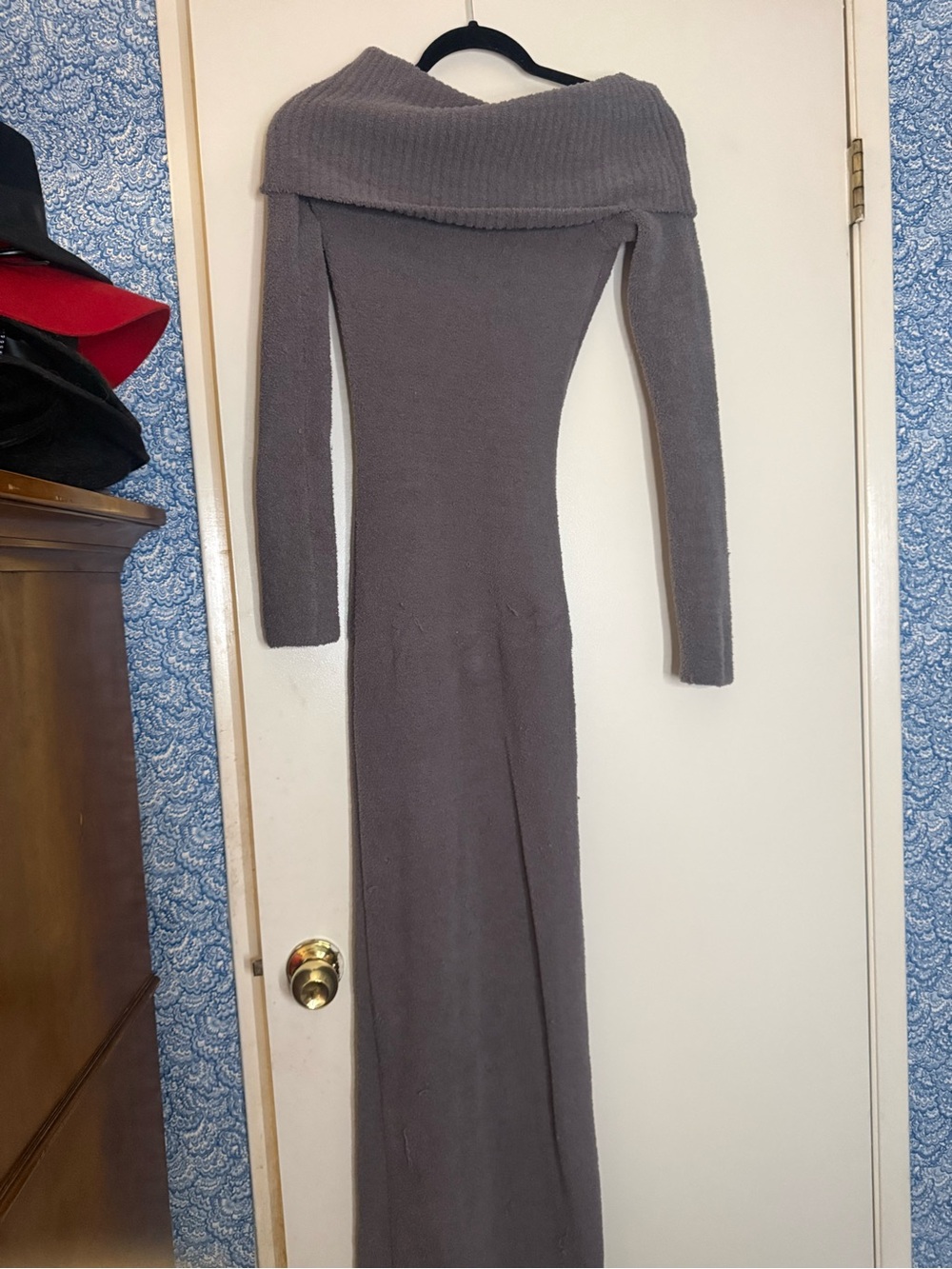 SKIMS Gray Off-Shoulder Long Sleeve Knit Maxi Dress